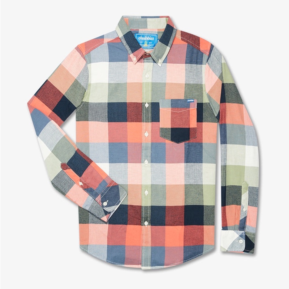 NWT Men’s Chubbies Stretch Iplaid Flannel in Orange/Blue Plaid Size S